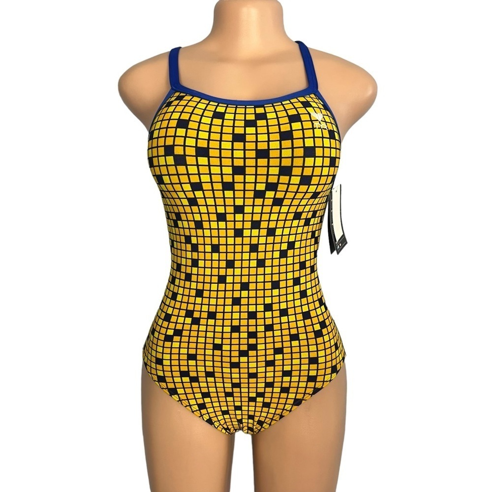 TYR Swimsuit One Piece Block Squares Yellow Black Open Back - Picture 3 of 13